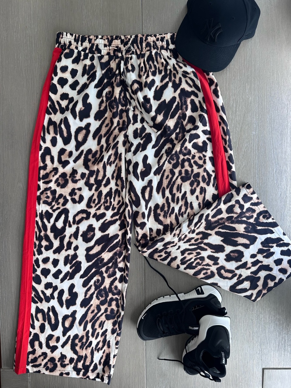 Leopard Print Wide Leg Pants with Red Side Stripe